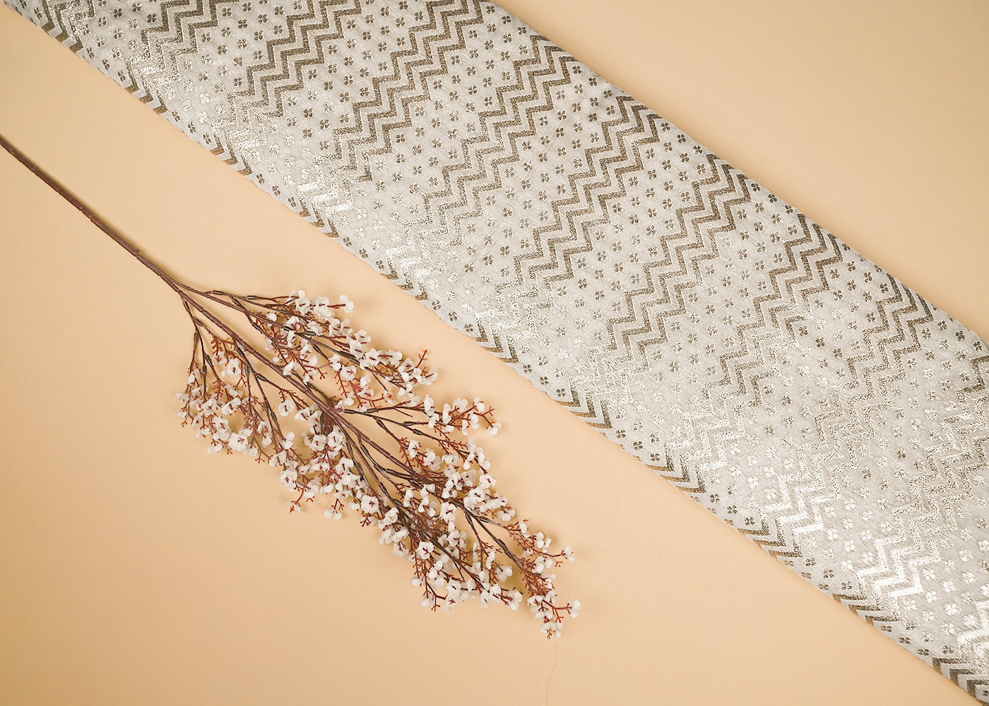 White Dyeable Chanderi Silk Fabric With All Over Dull Gold Zari Handloom 21808