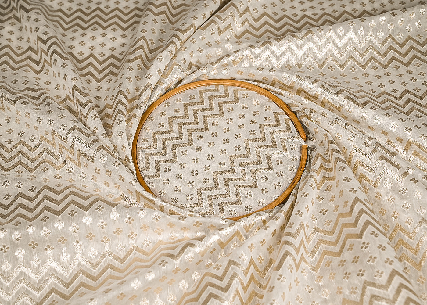 White Dyeable Chanderi Silk Fabric With All Over Dull Gold Zari Handloom 21808