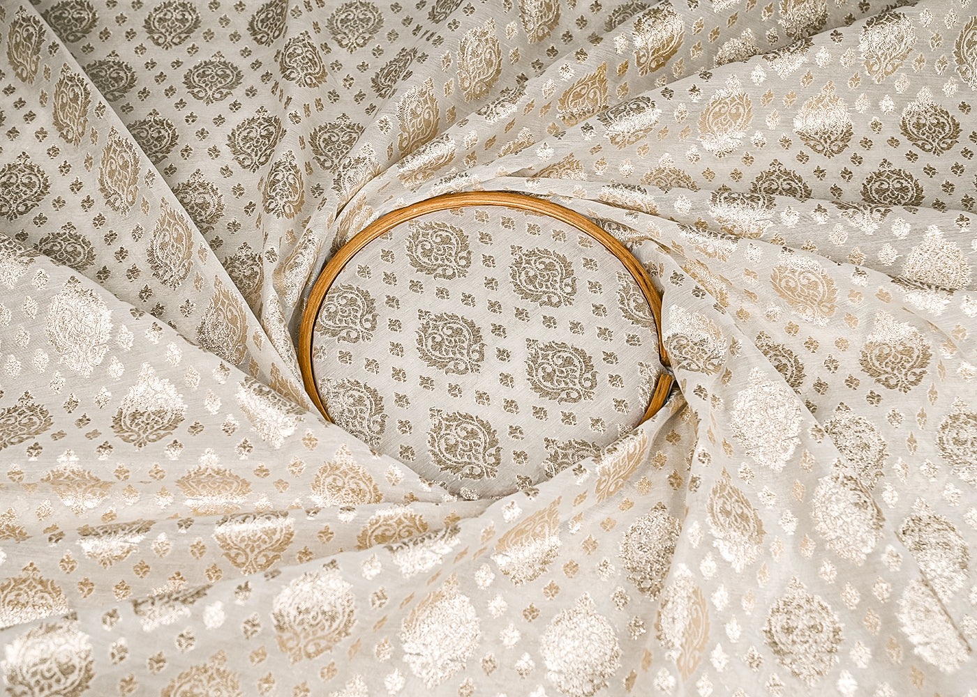 White Dyeable Chanderi Silk Fabric With All Over Dull Gold Zari Handloom 21810