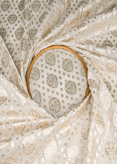 White Dyeable Chanderi Silk Fabric With All Over Dull Gold Zari Handloom 21810