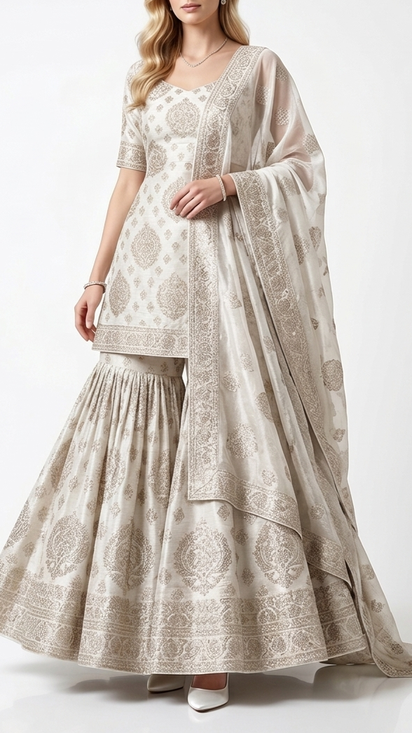 White Dyeable Chanderi Silk Fabric With All Over Dull Gold Zari Handloom 21810