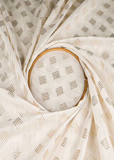 White Dyeable Chanderi Silk Fabric With All Over Dull Gold Zari Handloom 21811