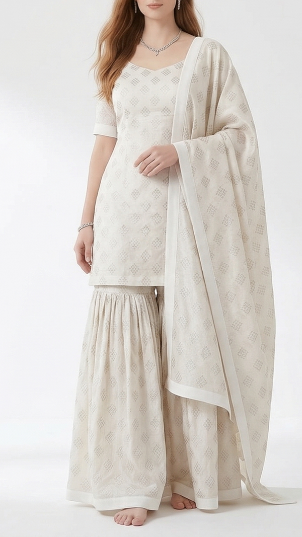 White Dyeable Chanderi Silk Fabric With All Over Dull Gold Zari Handloom 21811