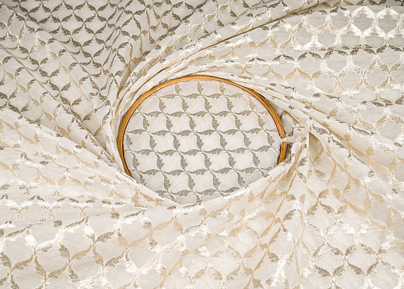 White Dyeable Chanderi Silk Fabric With All Over Dull Gold Zari Handloom 21813