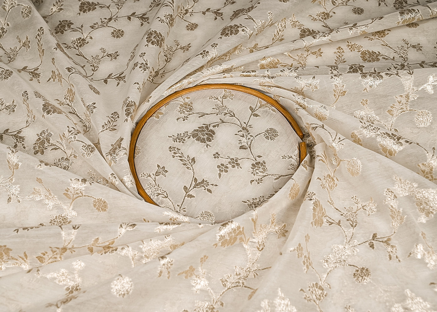 White Dyeable Chanderi Silk Fabric With All Over Dull Gold Zari Handloom 21814