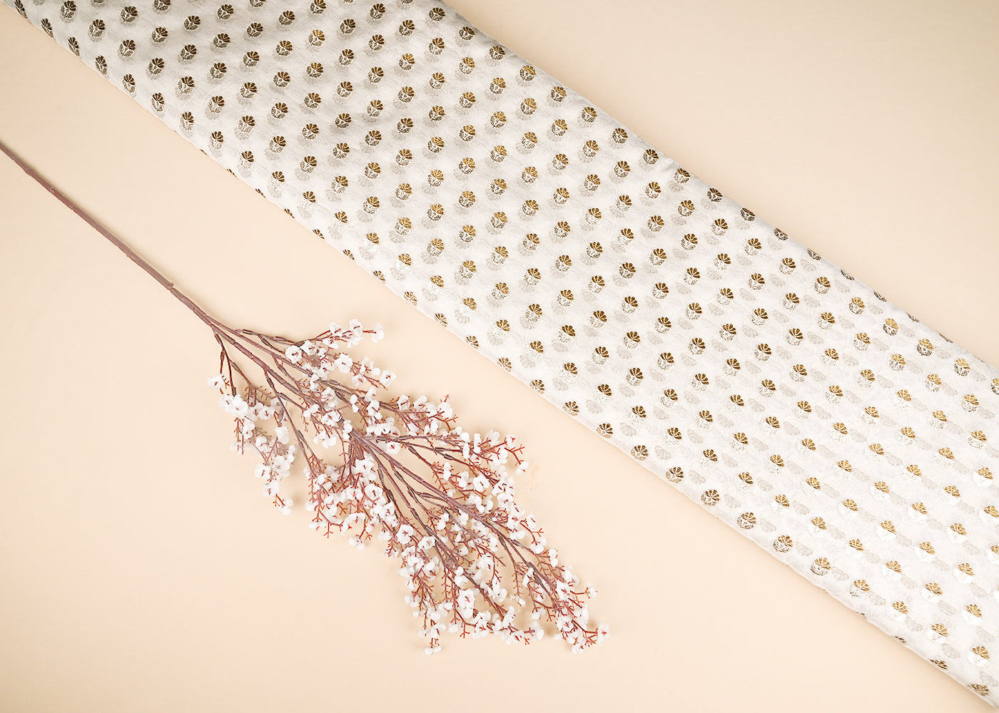 White Dyeable Chanderi Silk Fabric With All Over Dull Gold Zari Handloom 21815