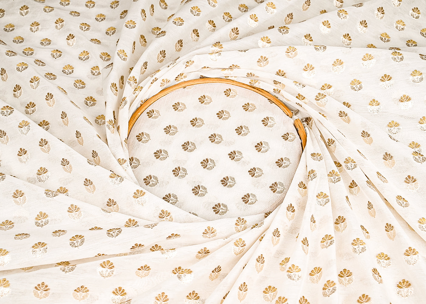 White Dyeable Chanderi Silk Fabric With All Over Dull Gold Zari Handloom 21815