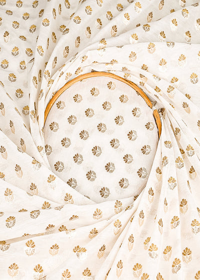 White Dyeable Chanderi Silk Fabric With All Over Dull Gold Zari Handloom 21815