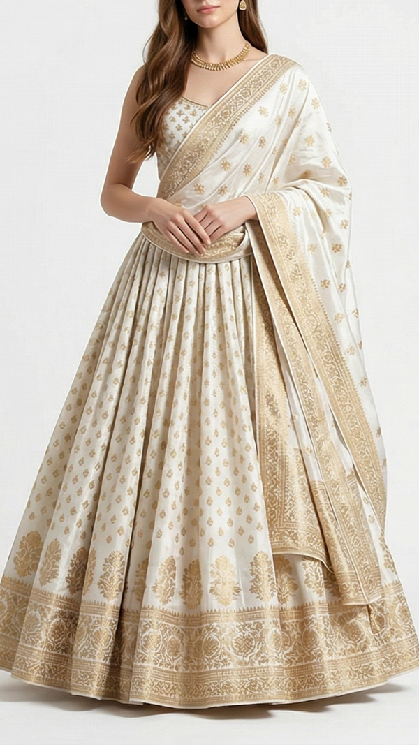 White Dyeable Chanderi Silk Fabric With All Over Dull Gold Zari Handloom 21815