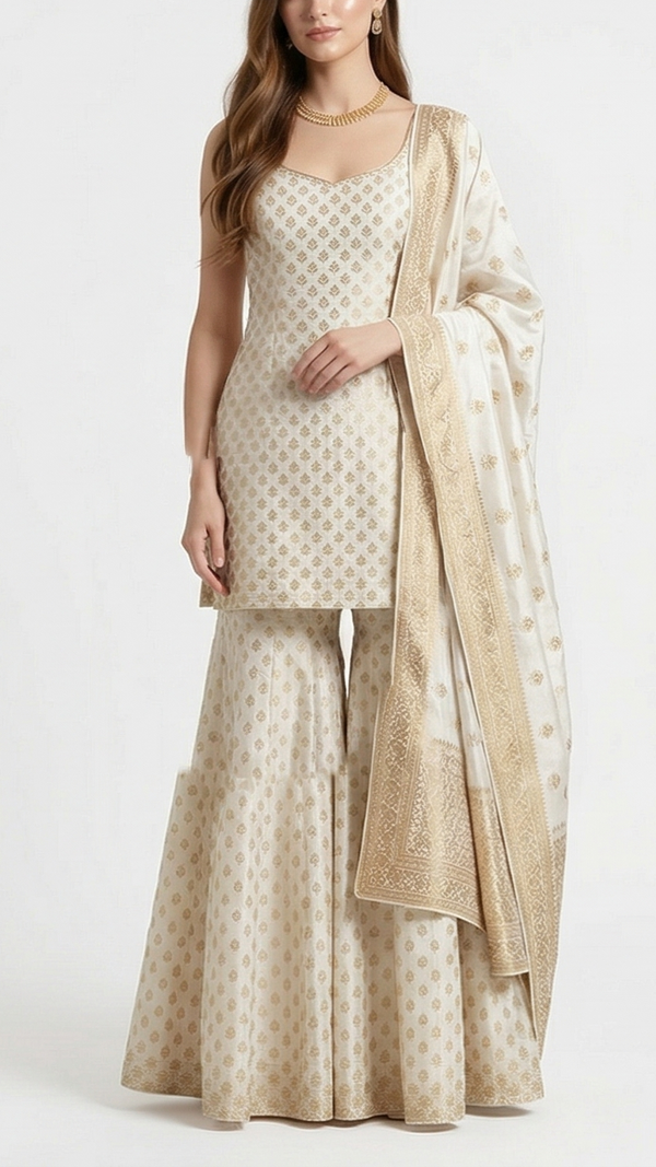 White Dyeable Chanderi Silk Fabric With All Over Dull Gold Zari Handloom 21815