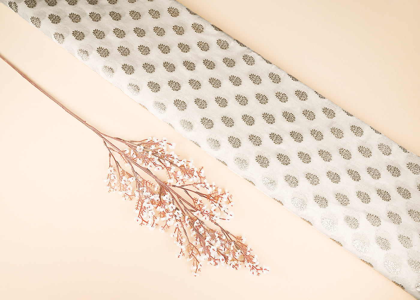 White Dyeable Chanderi Silk Fabric With All Over Dull Gold Zari Handloom 21817