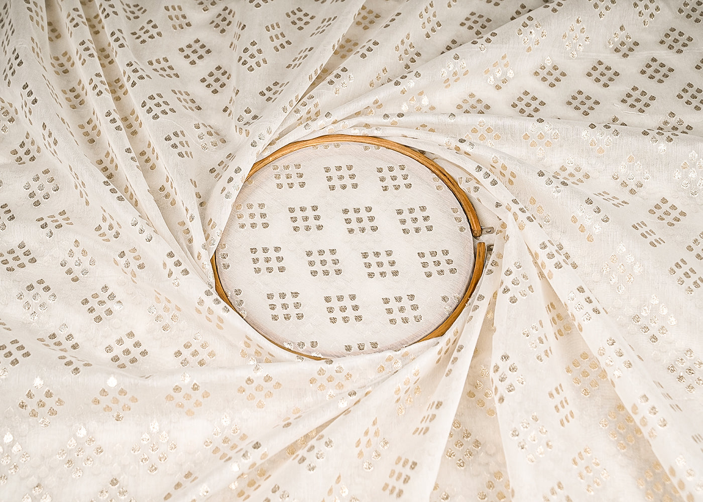 White Dyeable Chanderi Silk Fabric With All Over Dull Gold Zari Handloom 21818