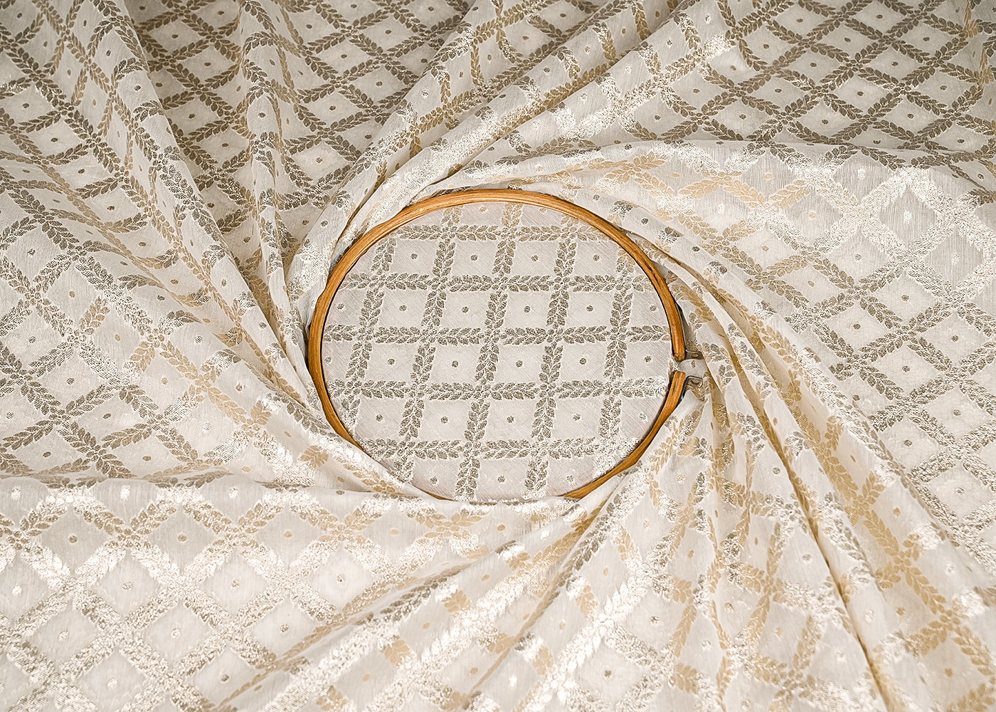 White Dyeable Chanderi Silk Fabric With All Over Dull Gold Zari Handloom 21819