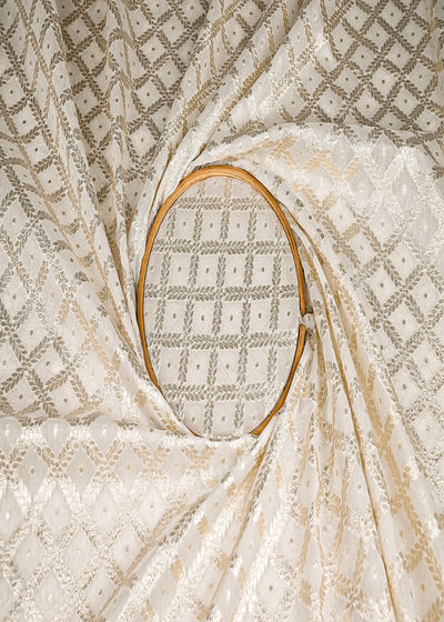 White Dyeable Chanderi Silk Fabric With All Over Dull Gold Zari Handloom 21819