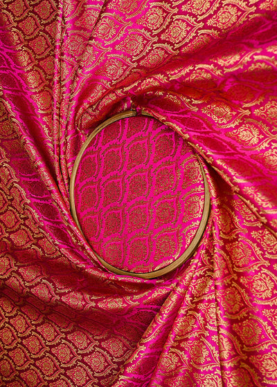 Rani Pink Banarasi Brocade Fabric With All Over Thread And Zari Golden Handloom 21822