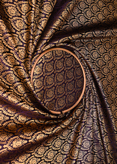 Plum Banarasi Brocade Fabric With All Over Thread And Golden Zari Handloom 21823