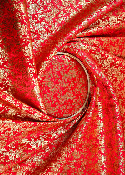 Red Banarasi Brocade Fabric With All Over Golden Zari Handloom 21838