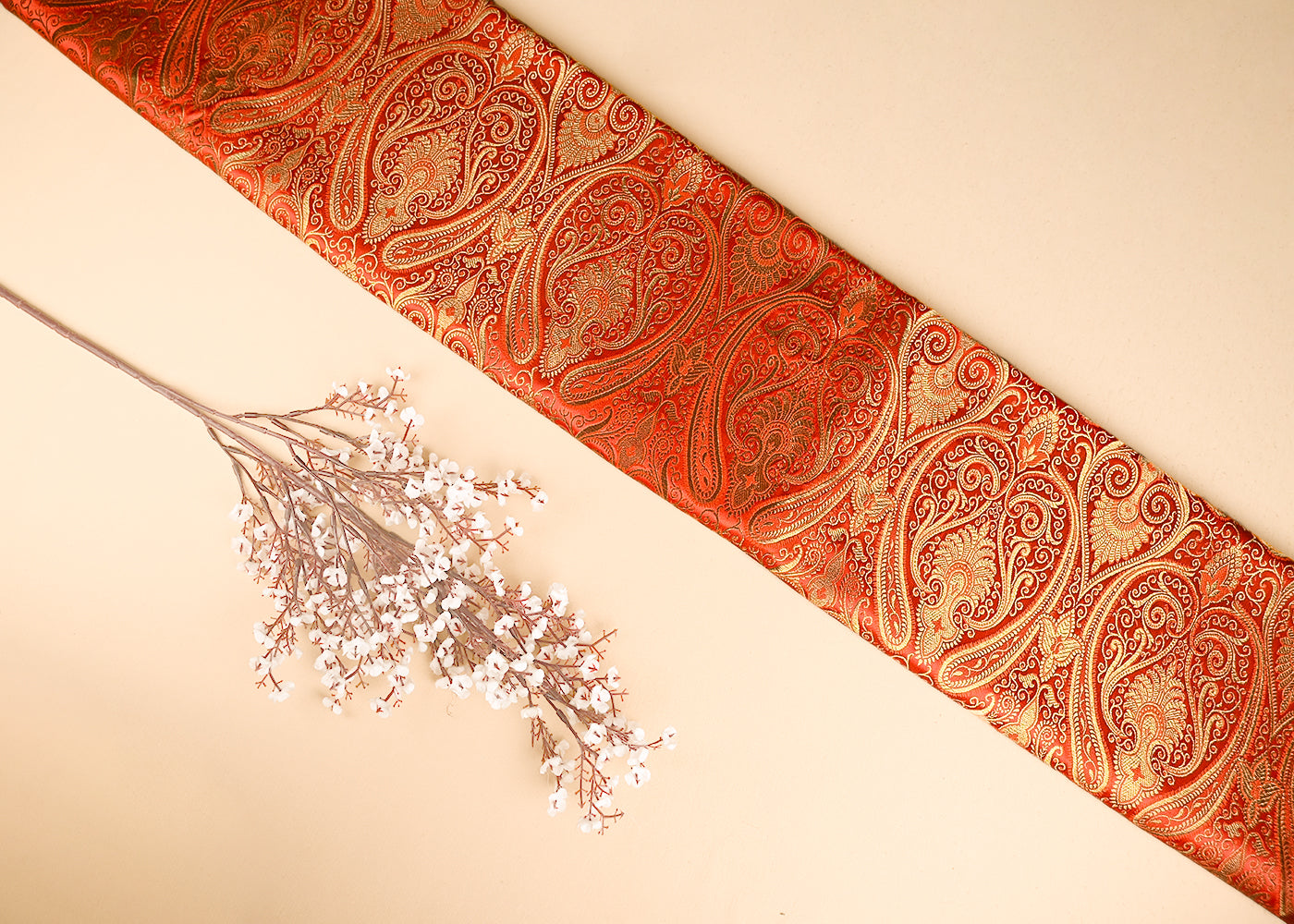 Orange Banarasi Brocade Fabric With All Over Golden Zari Handloom 21842