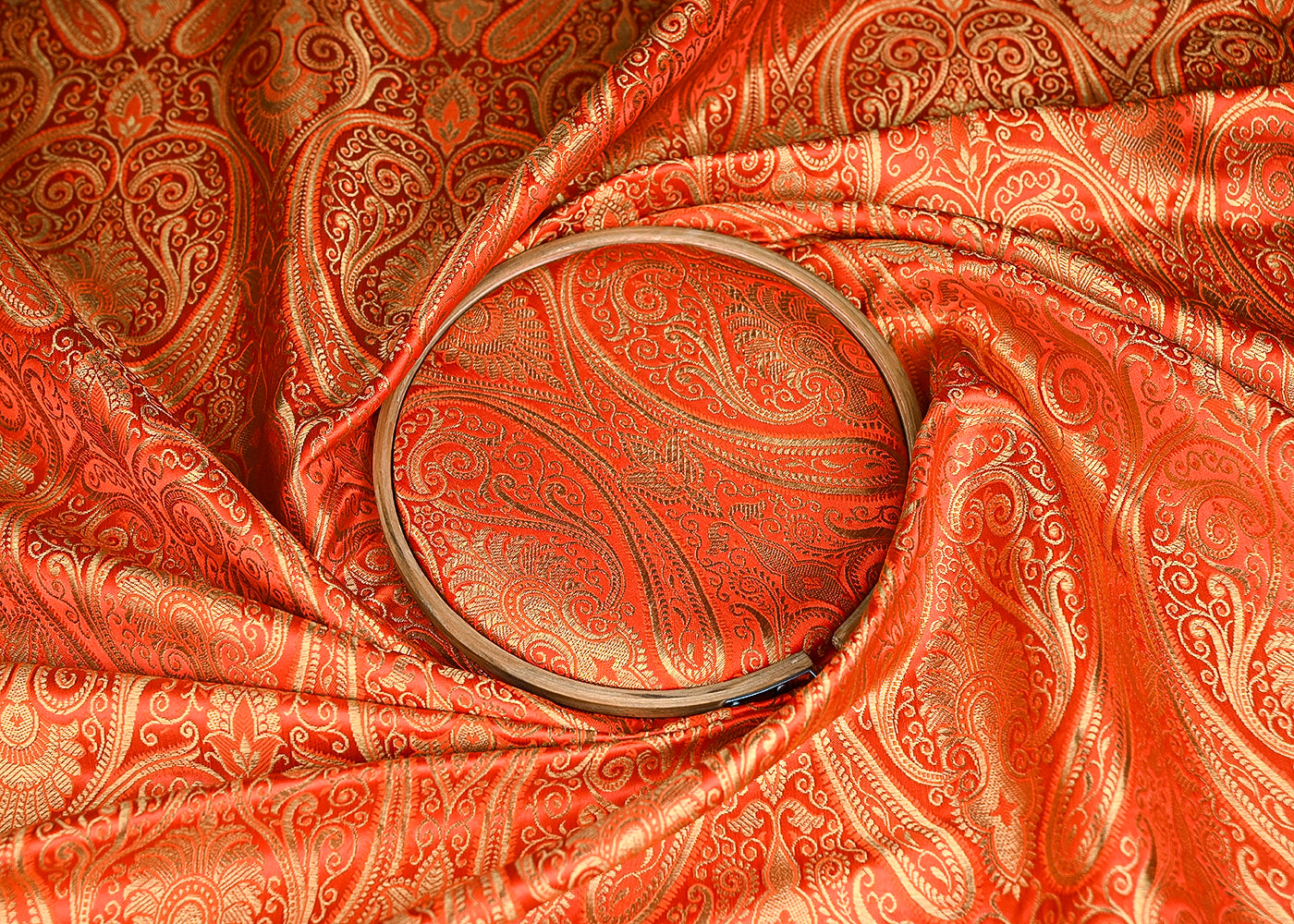 Orange Banarasi Brocade Fabric With All Over Golden Zari Handloom 21842