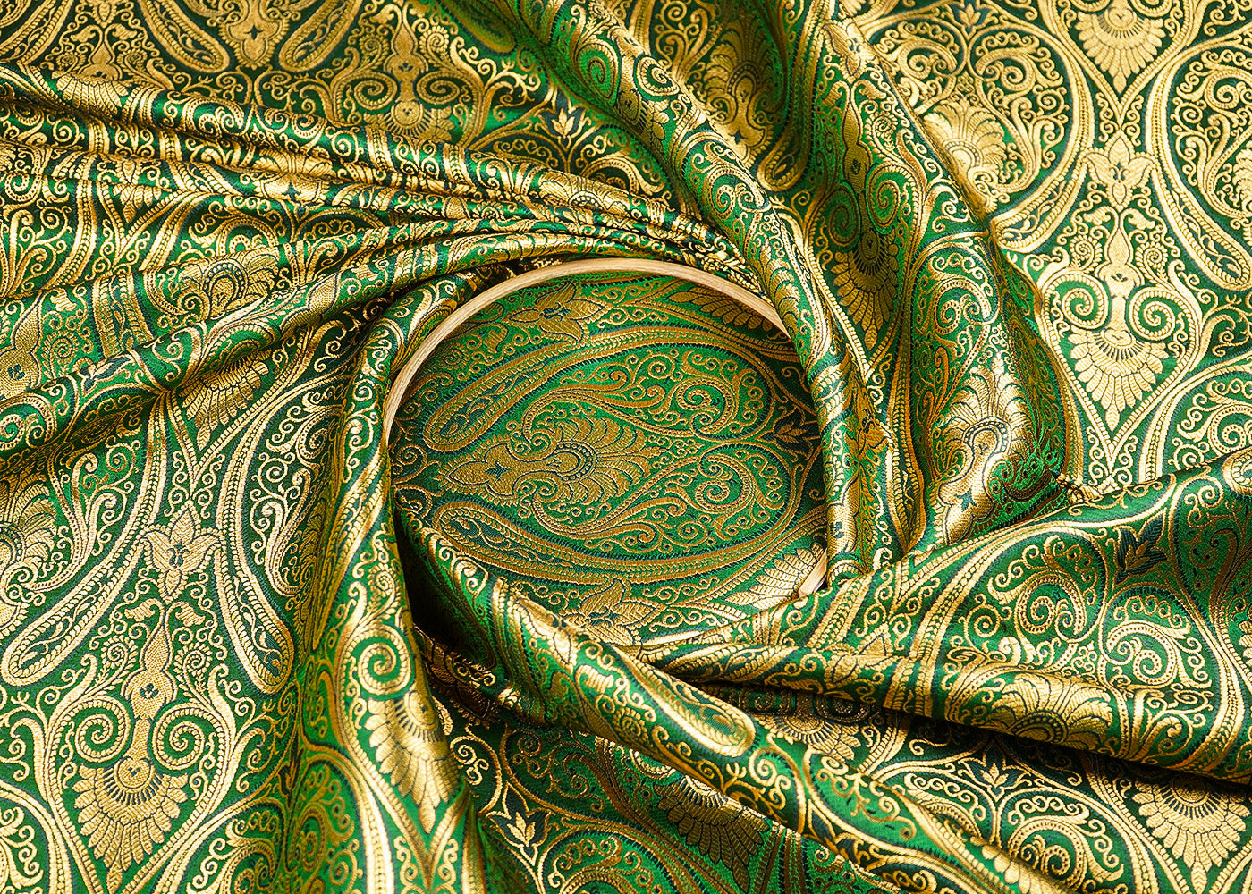 Bottle Green Banarasi Brocade Fabric With All Over Golden Zari Handloom 21844