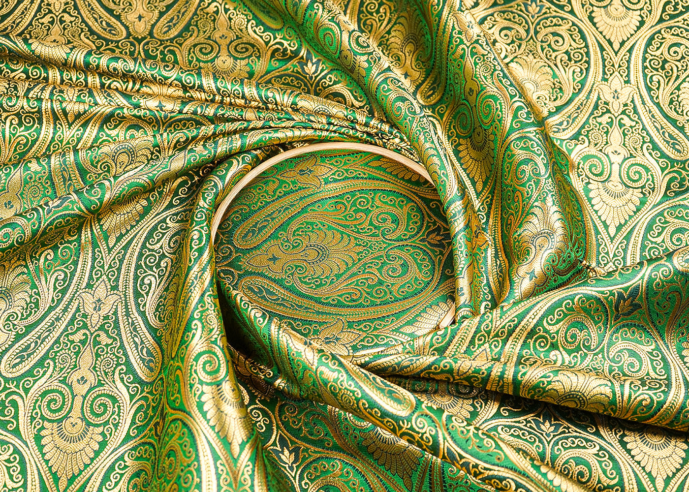 Green Banarasi Brocade Fabric With All Over Golden Zari Handloom 21844