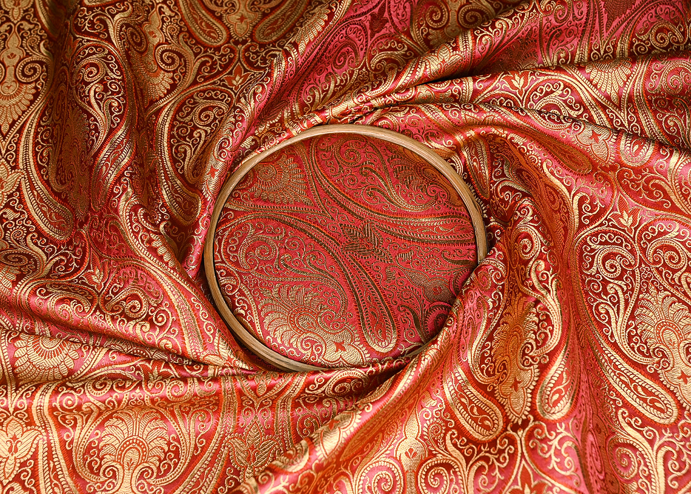 Wine Banarasi Brocade Fabric With All Over Golden Zari Handloom 21846