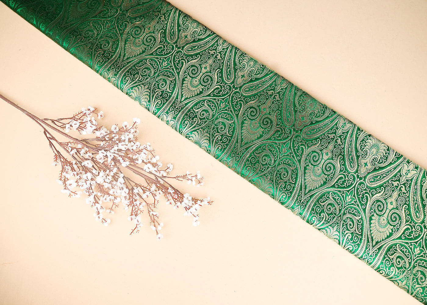 Green Banarasi Brocade Fabric With All Over Golden Zari Handloom 21847