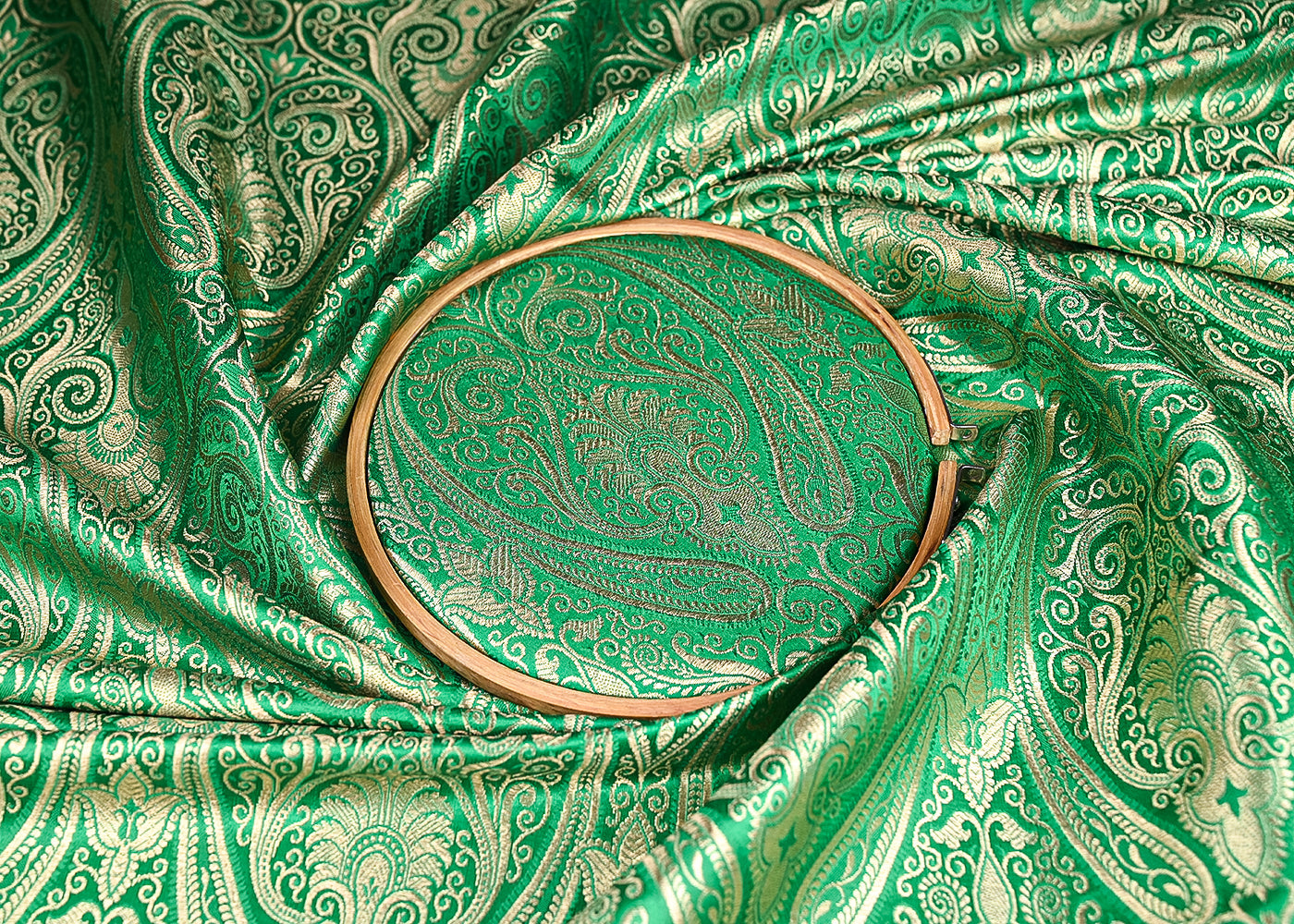 Green Banarasi Brocade Fabric With All Over Golden Zari Handloom 21847