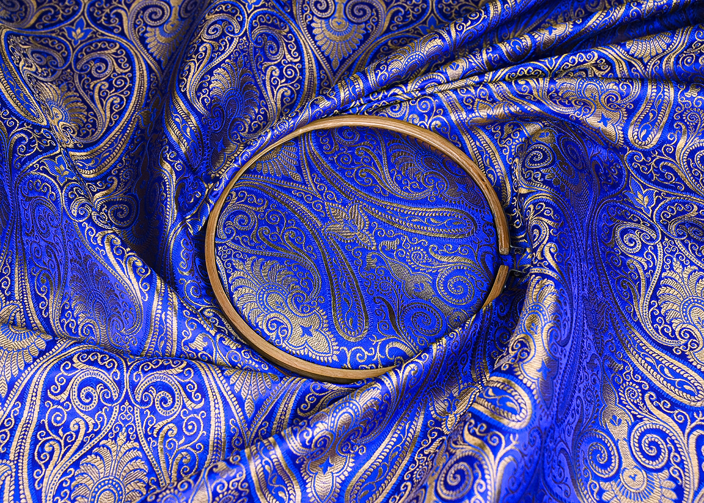Royal Blue Banarasi Brocade Fabric With All Ove Golden Zari Handloom 21848