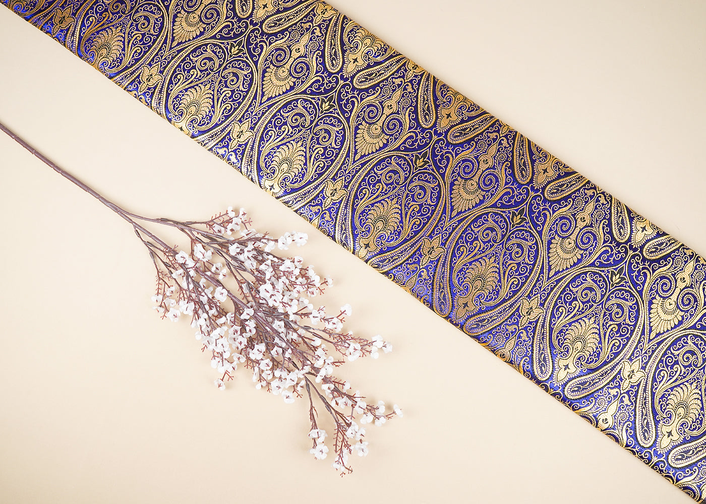 Dark Blue Banarasi Brocade Fabric With All Over Golden Zari Handloom 21849
