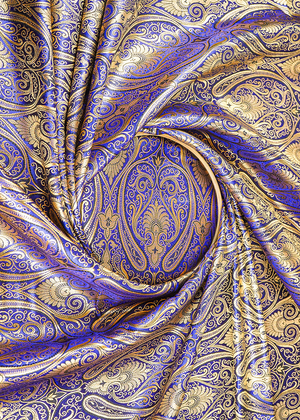 Dark-Blue-Banarasi-Brocade-Fabric-With-All-Over-Golden-Zari-Handloom-21849-close-view
