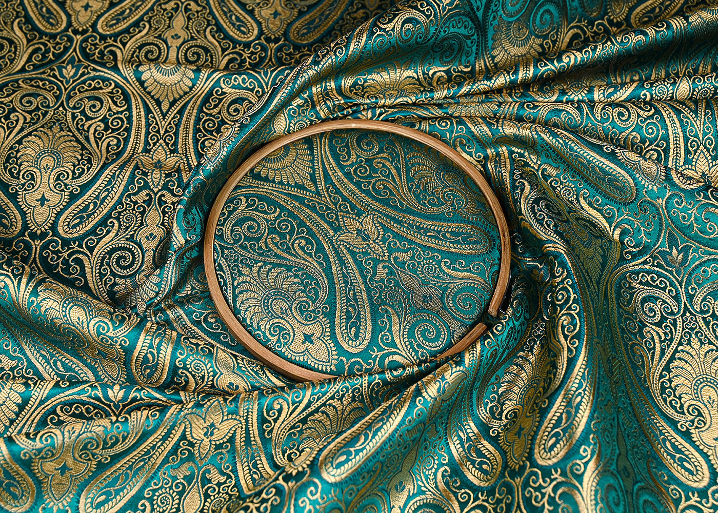 Teal Green Baluenarasi Brocade Fabric With All Over Golden Zari Handloom 21851