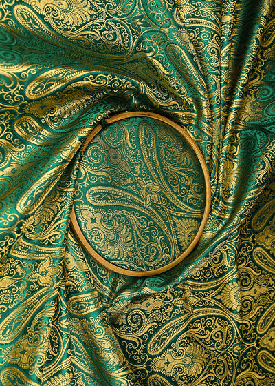 Teal Green Banarasi Brocade Fabric With All Over Golden Zari Handloom 21851