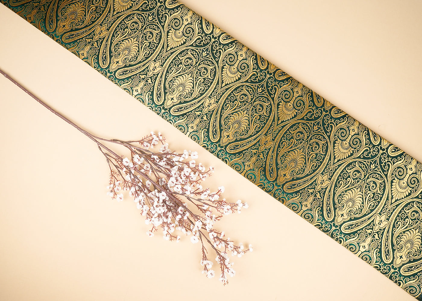 Bottle Green Banarasi Brocade Fabric With All Over Golden Zari Handloom 21852