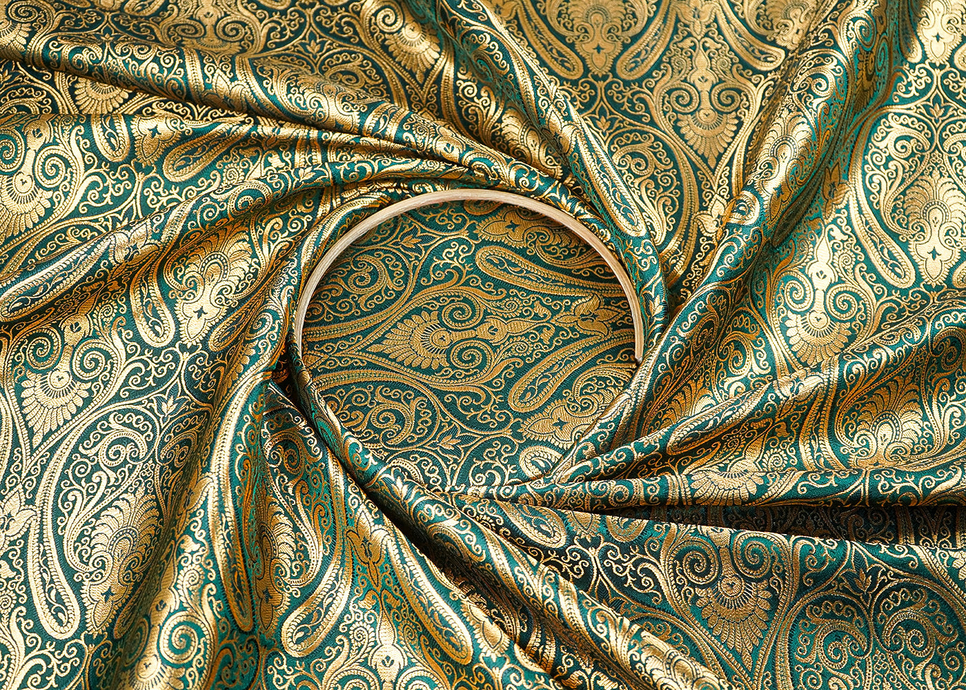 Bottle Green Banarasi Brocade Fabric With All Over Golden Zari Handloom 21852