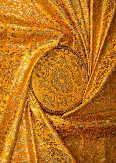 Yellow Banarasi Brocade Fabric With All Over Golden Zari Handloom 21864