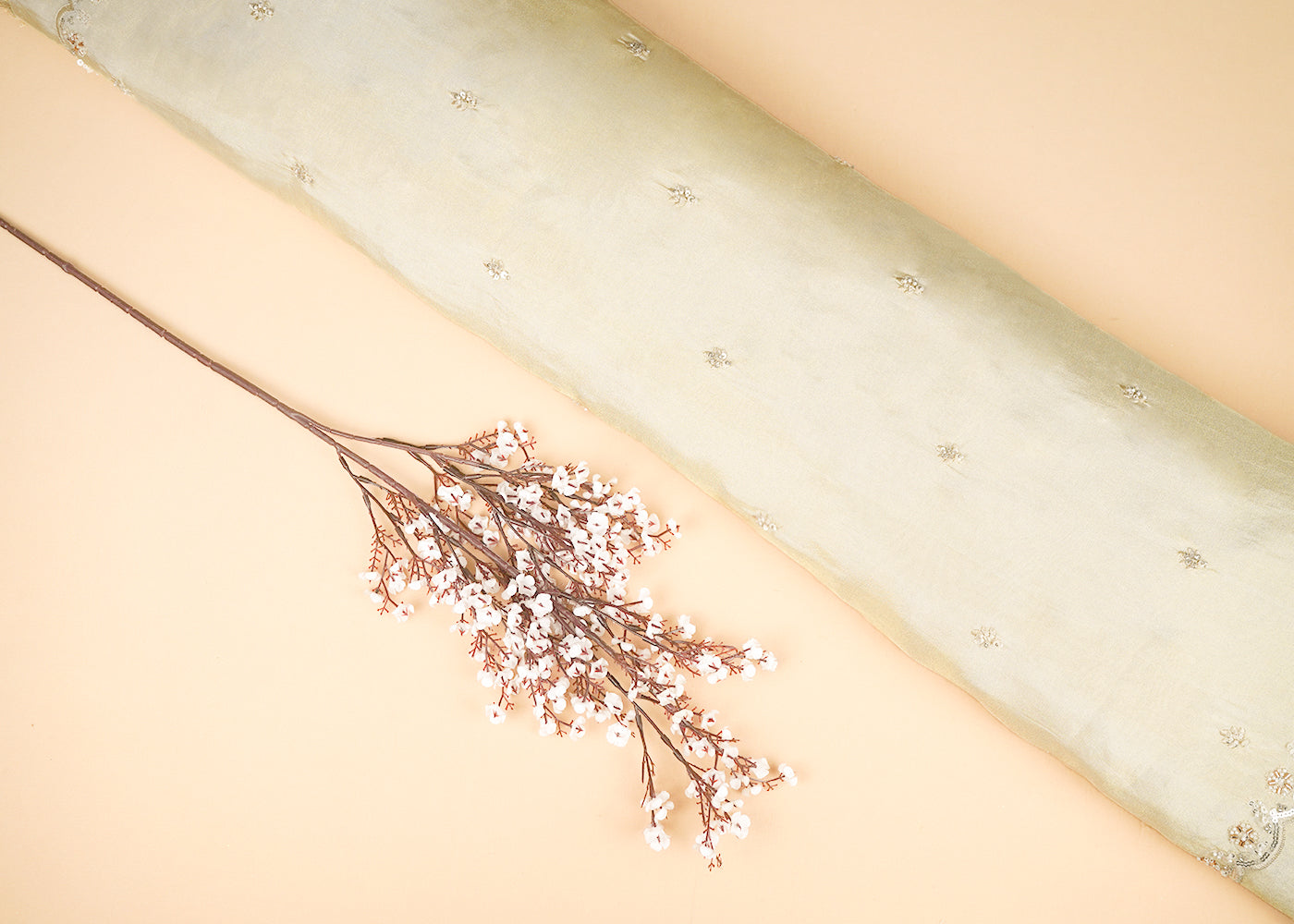 Golden Dyeable Tissue Fabric With All Over Buti Of Katdana, Bead, Sequins And Thread Work With One Side Scalloped Border 21870