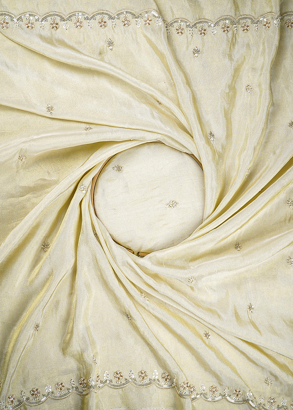 Golden Dyeable Tissue Fabric With All Over Buti Of Katdana, Bead, Sequins And Thread Work With One Side Scalloped Border 21870