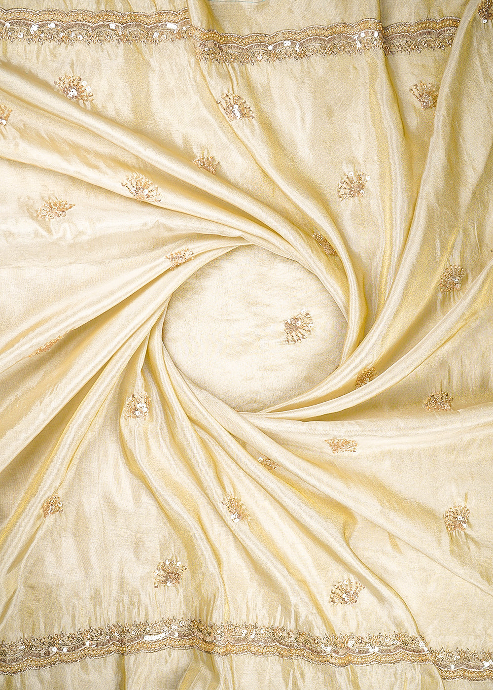 Golden Dyeable Tissue Fabric With All Over Buti Of Katdana, Bead And Sequins Work With One Side Scalloped Border 21871