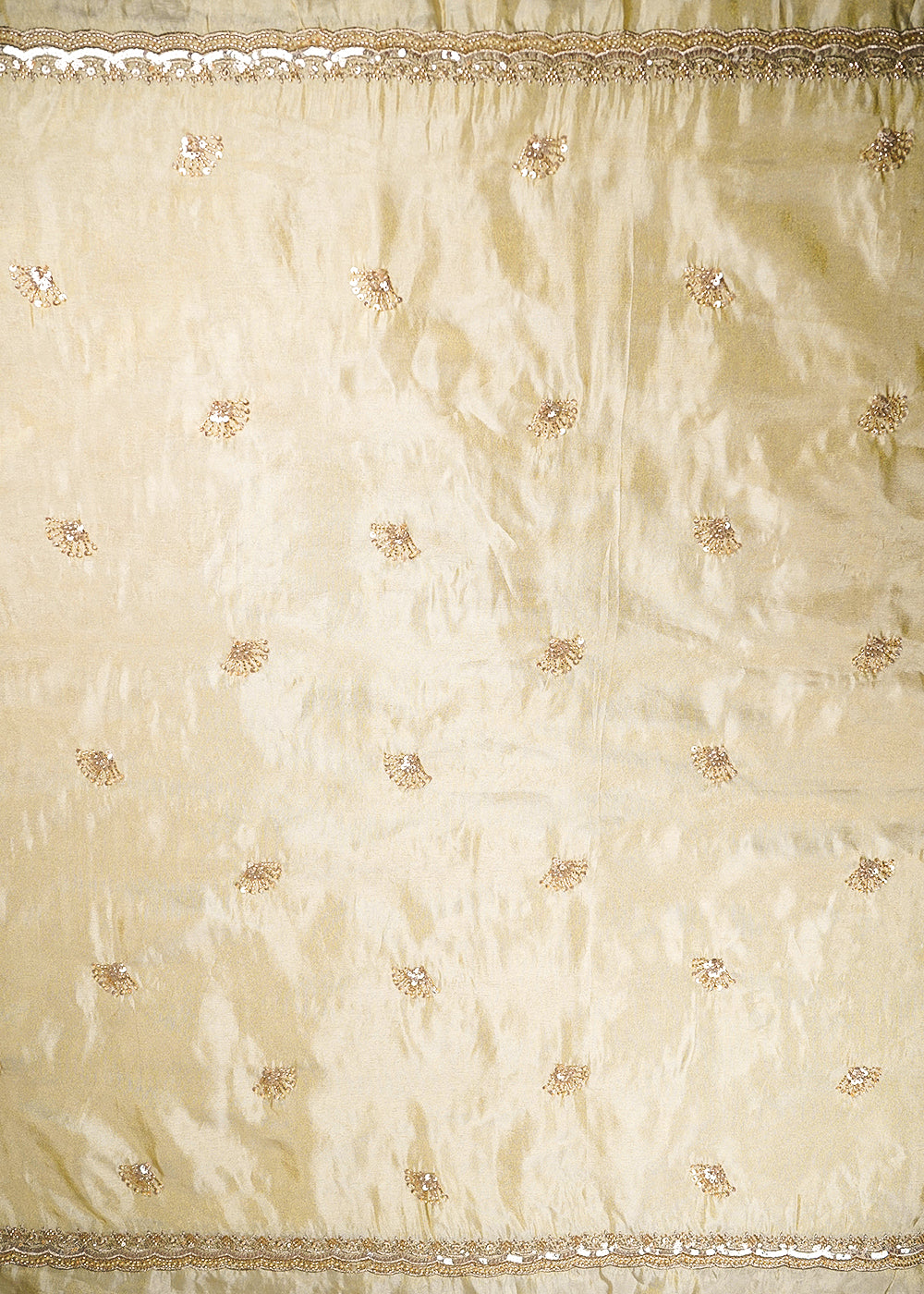 Golden Dyeable Tissue Fabric With All Over Buti Of Katdana, Bead And Sequins Work With One Side Scalloped Border 21871