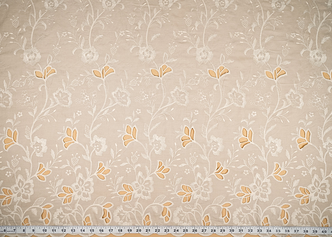 Cream Cotton Fabric With All Over Thread And Cutwork With Scalloped Edge 21878