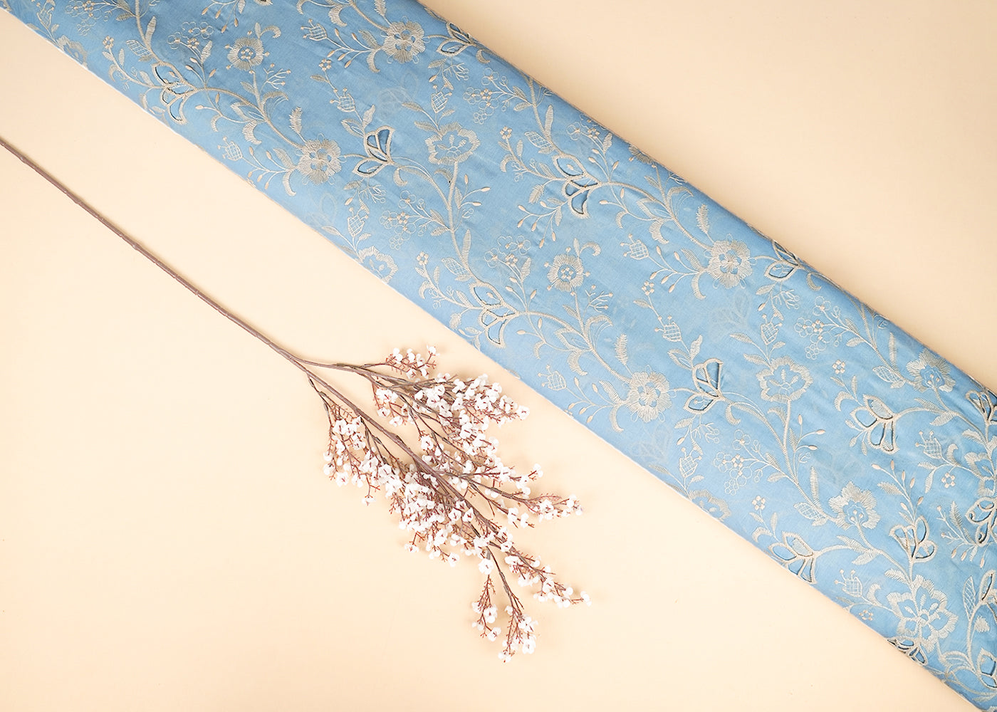 Light Blue Cotton Fabric With All Over Thread And Cutwork With Scalloped Edge 21879