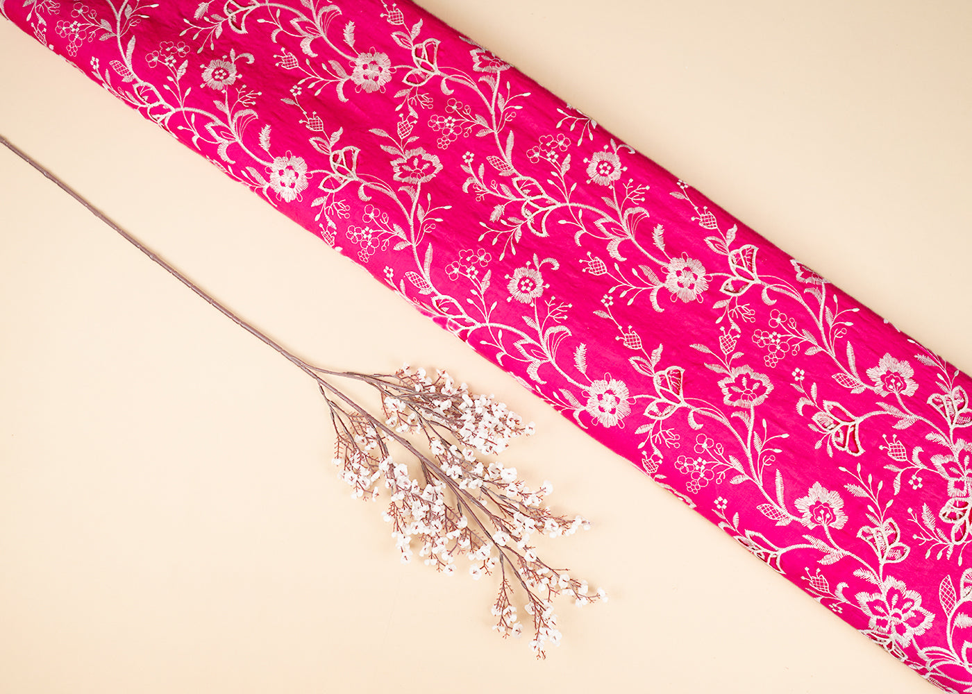 Magenta Cotton Fabric With All Over Thread And Cutwork With Scalloped Edge 21880
