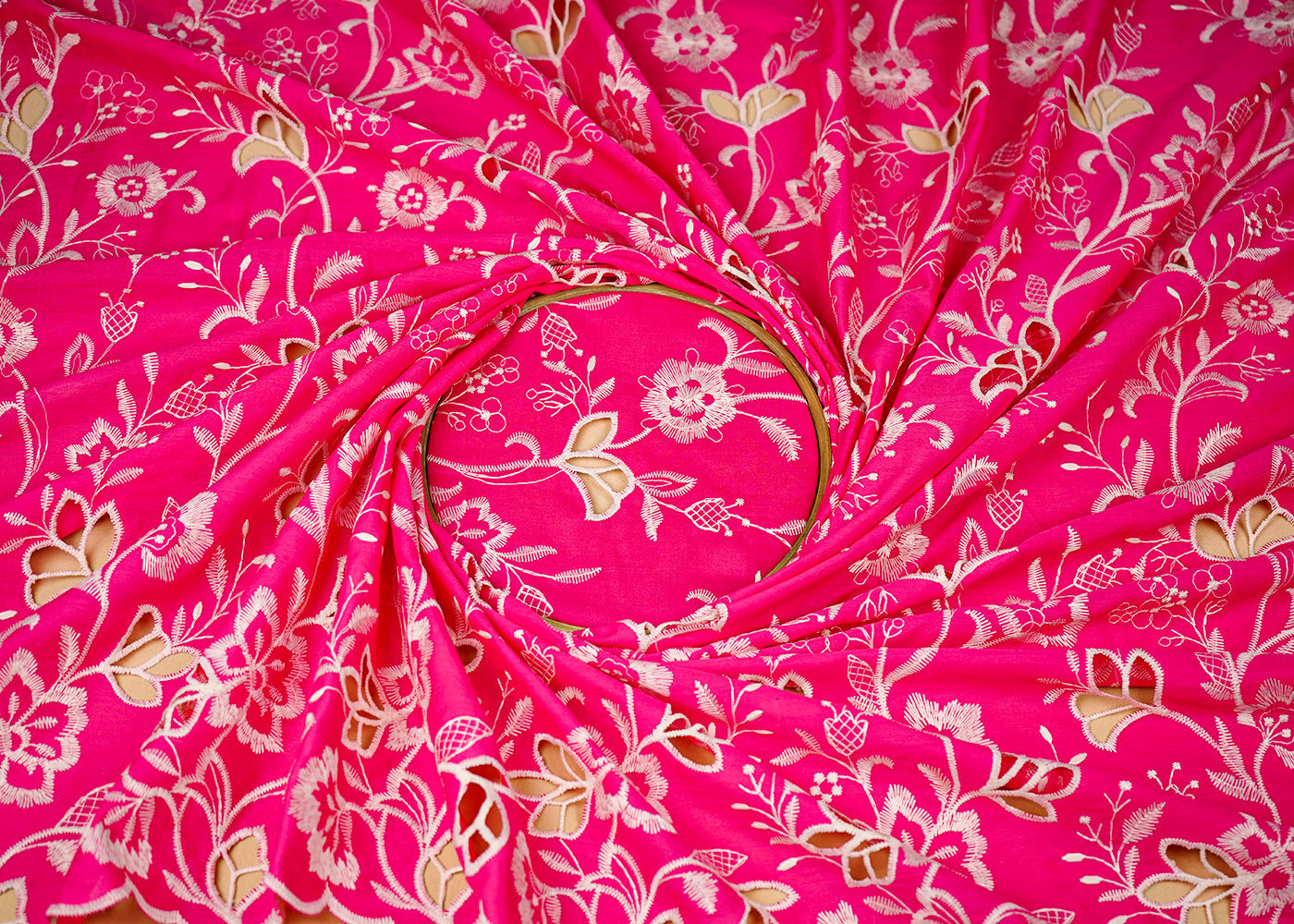 Magenta Cotton Fabric With All Over Thread And Cutwork With Scalloped Edge 21880
