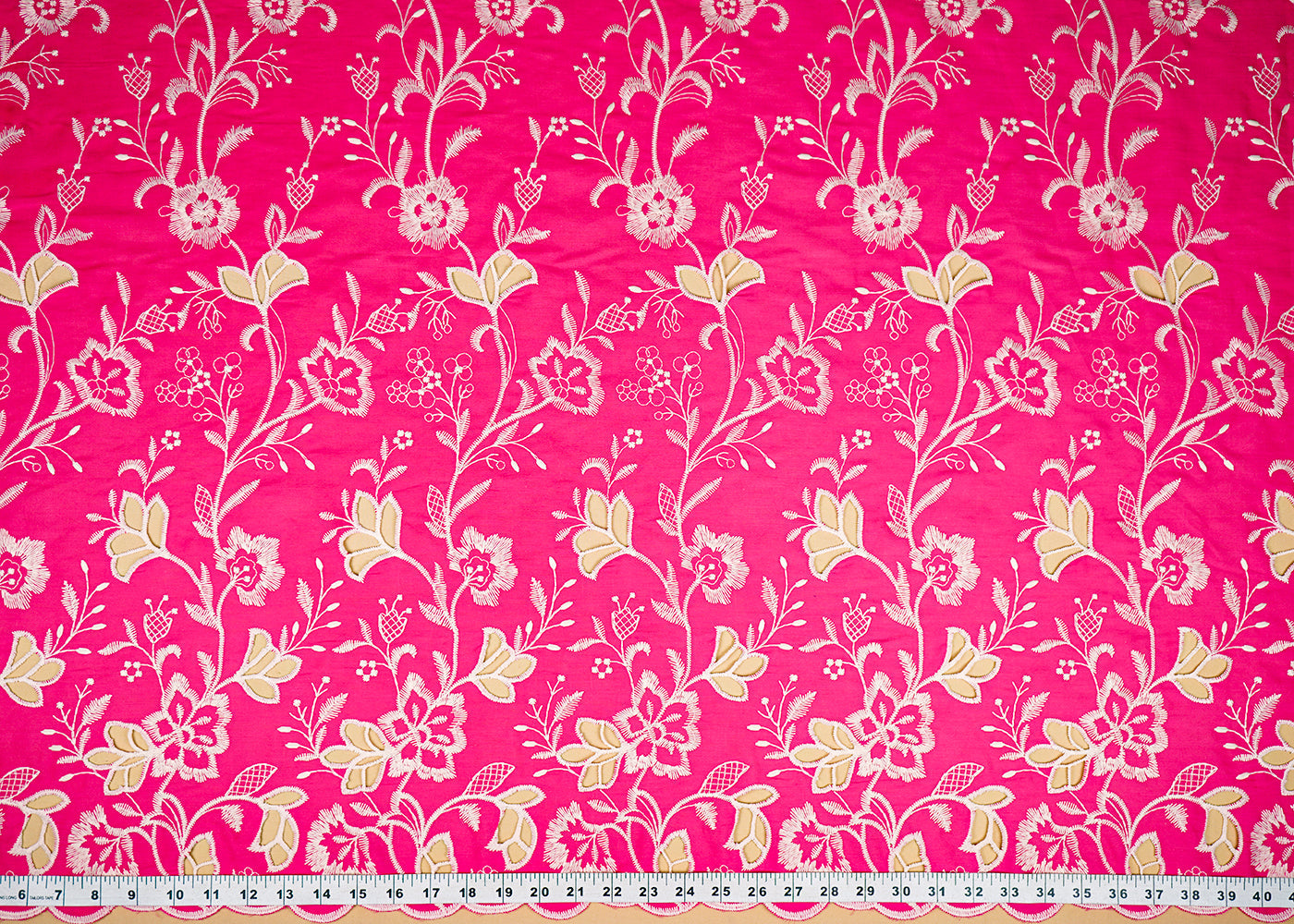 Magenta Cotton Fabric With All Over Thread And Cutwork With Scalloped Edge 21880