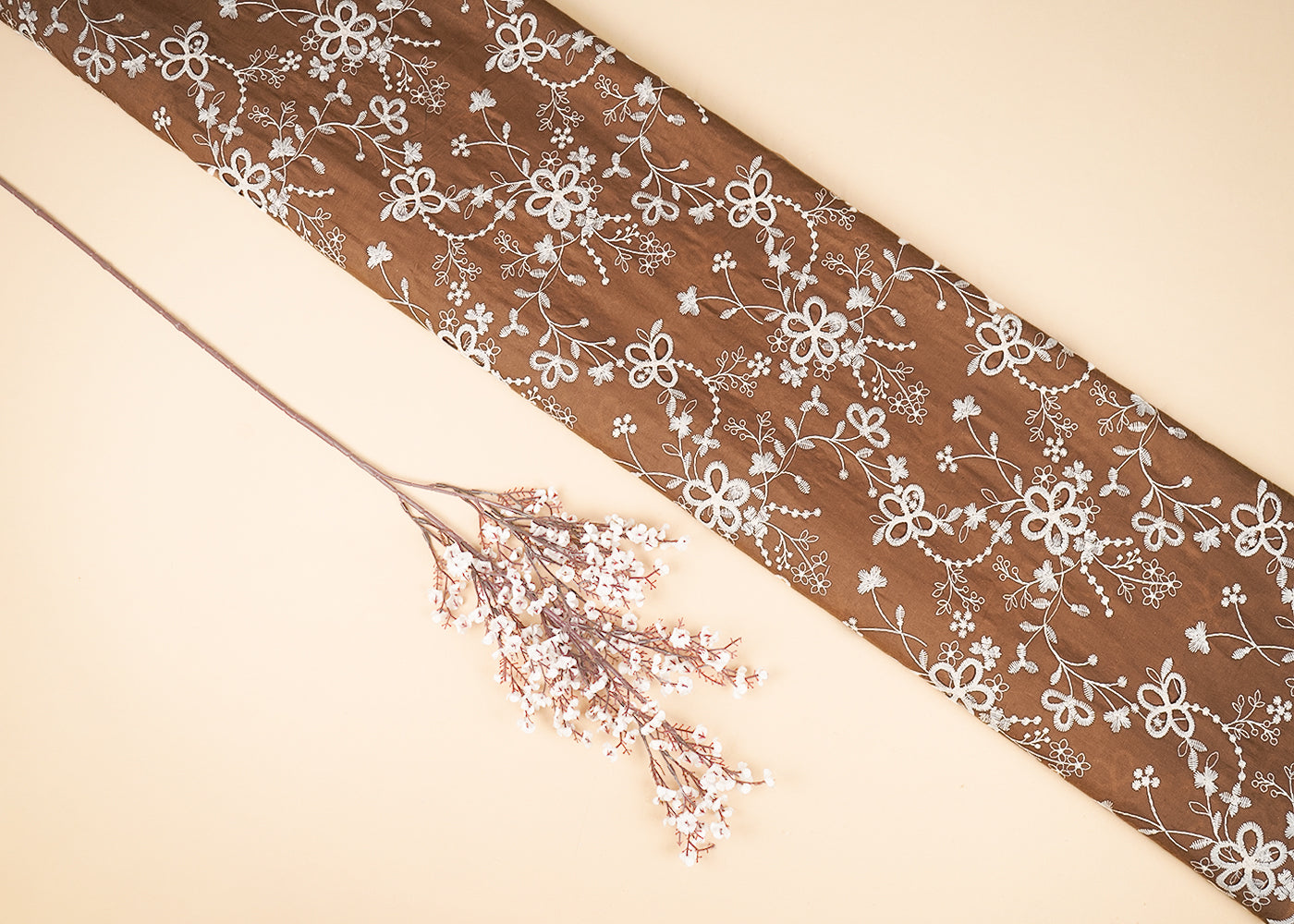 Coffee Cotton Fabric With All Over Thread And Cutwork With Scalloped Edge 21881