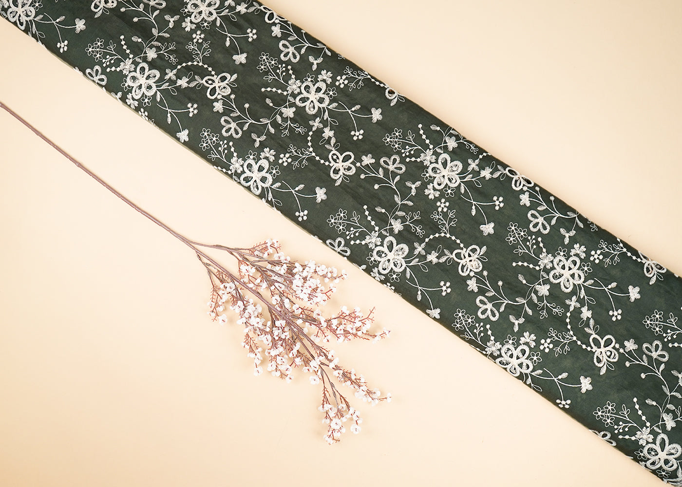 Mehendi Green Cotton Fabric With All Over Thread And Cutwork With Scalloped Edge 21882