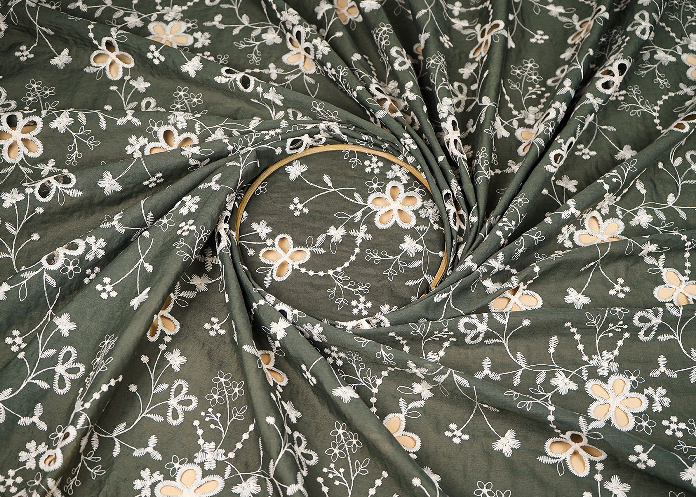 Mehendi Green Cotton Fabric With All Over Thread And Cutwork With Scalloped Edge 21882