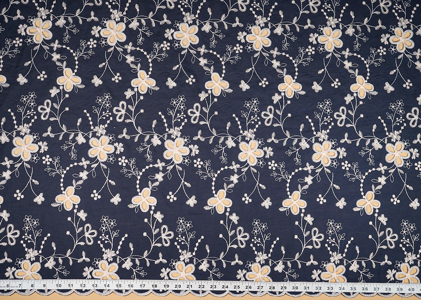 Navy Blue Cotton Fabric With All Over Thread And Cutwork With Scalloped Edge 21883