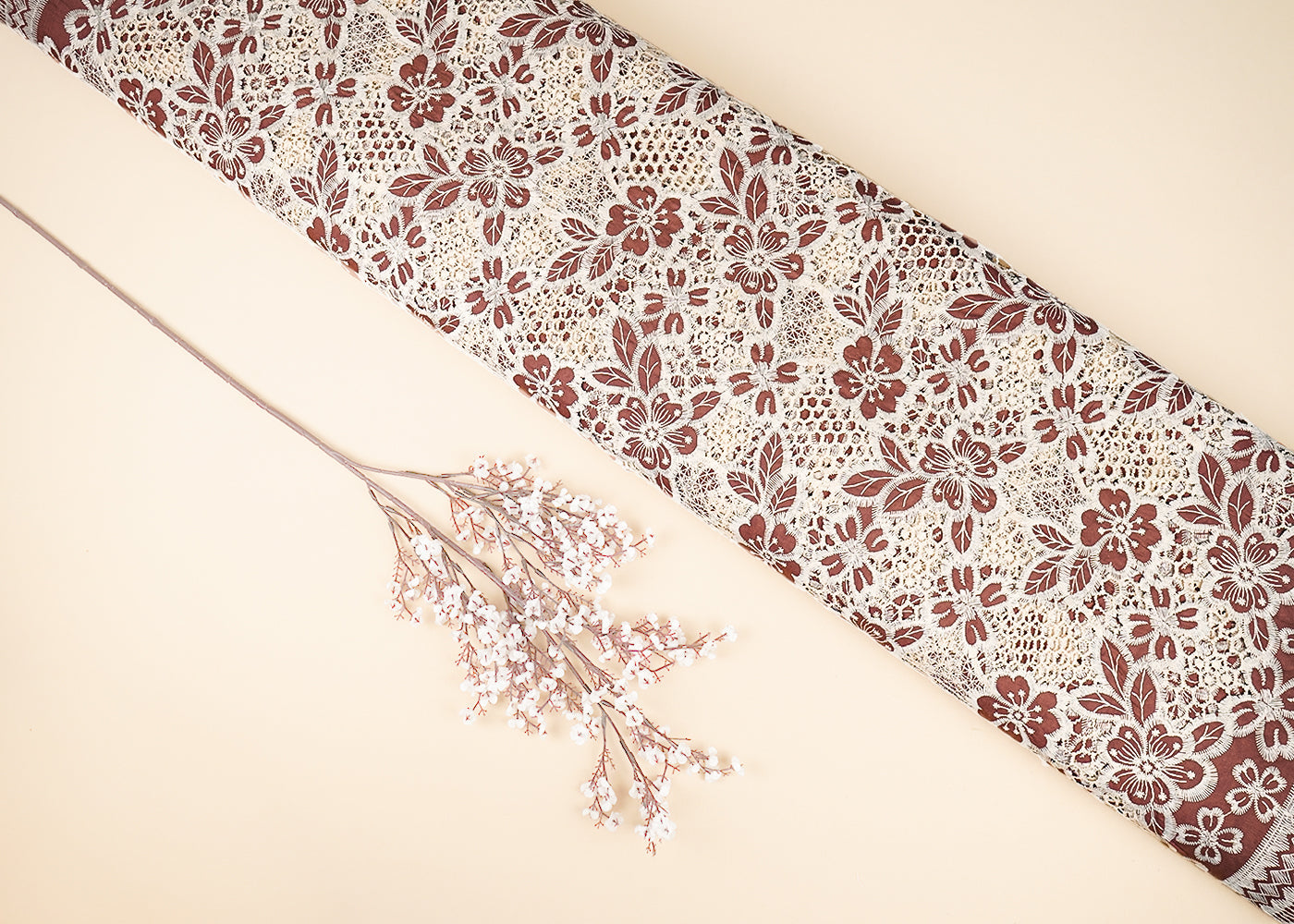 Brown Cotton Fabric With All Over Thread And Cutwork With Two Side Scalloped Border 21885